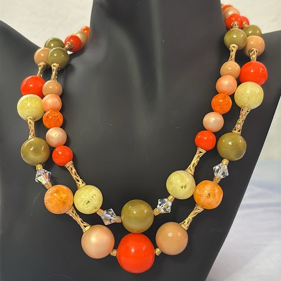Vintage Jewelry - Vintage Double Strand Autumn Colors and Gold Accent Bead Necklace